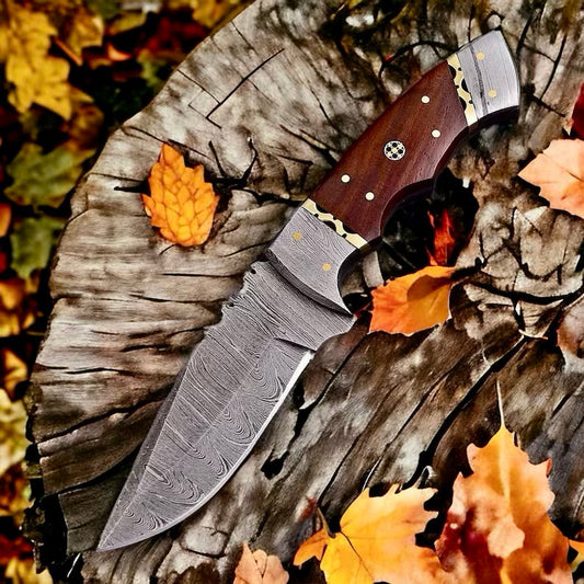 Small Bushcraft Knife – 9" Damascus Steel Blade with Rosewood Handle & Leather Sheath