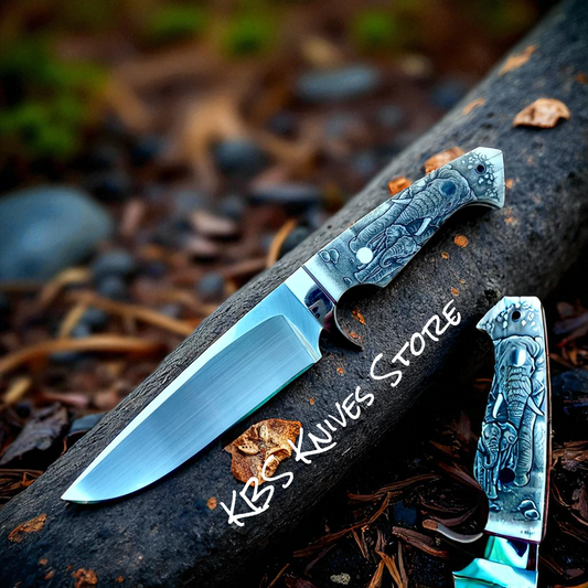 Scrimshaw Hunting Knife – 11" Full Tang D2 Steel with Camel Bone & Engraved Handle + Leather Sheath