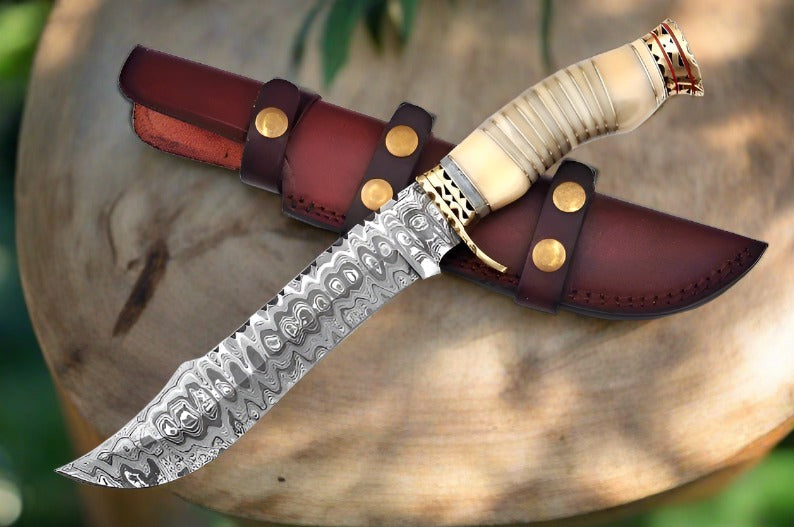 Premium Modern Bowie Knife - Damascus Steel Blade with Handmade Bone Handle and Brass Guard