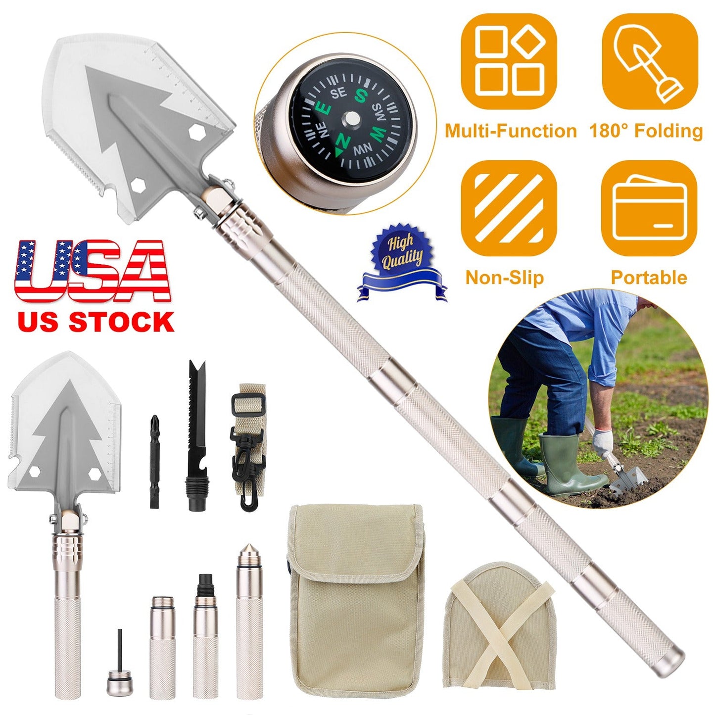 Military Folding Shovel Multifunctional Survival Emergency Spade Tactical Multi Tool For Outdoor Camping Hiking Backpacking w/ Compass