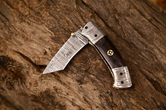 Custom Handmade Damascus Steel Tanto Blade EDC Folding Pocket Knife | 3-Inch Blade, Wenge Wood Handle, Leather Case | Groomsman Gift
