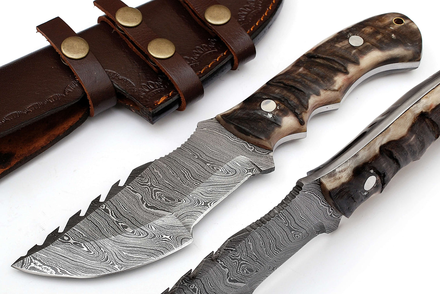 Best Tracker Knife for Sale - Full Tang Damascus Steel Blade, 9.5-Inch- Micarta Sheep Horn Handle, Horizontal Leather Sheath - KBS Knives Store