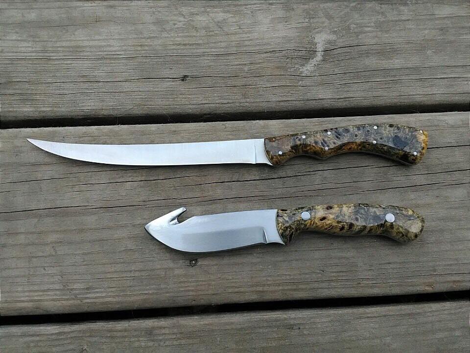 D2 Steel Handmade Fillet Boning Knife and Gut hook Hunting Knife with Epoxy Resin Handle, 13-Inch and 8.25-Inch Overall Length