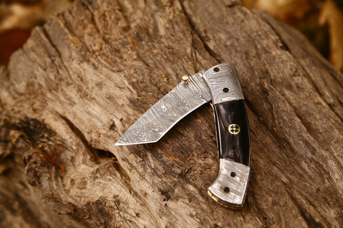 New Custom Handmade Damascus Steel Tanto Blade EDC Folding Pocket Knife | 3-Inch Blade, Buffalo Horn Handle, Leather Case | Perfect Gift by KBS Knives