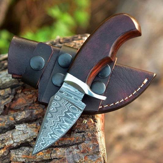 "Custom Handmade Damascus Steel EDC Skinning Knife | Rosewood Handle | 7 Inches | Leather Sheath | KBS Knives Store"