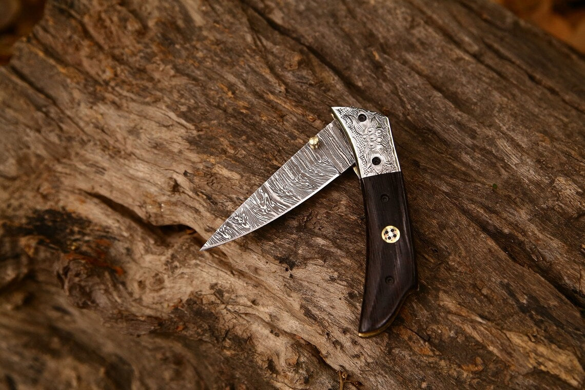 Hand Engraved Custom Damascus Steel EDC Folding Pocket Knife | 3-Inch Blade, Wenge Wood Handle, Leather Case | Anniversary Gift Idea