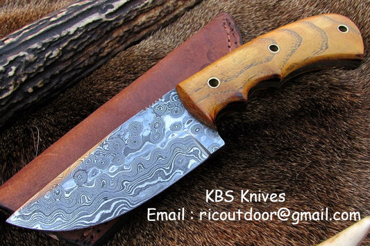 8.5-Inch Damascus Steel Drop Point Skinning Knife with Native Wood Handle