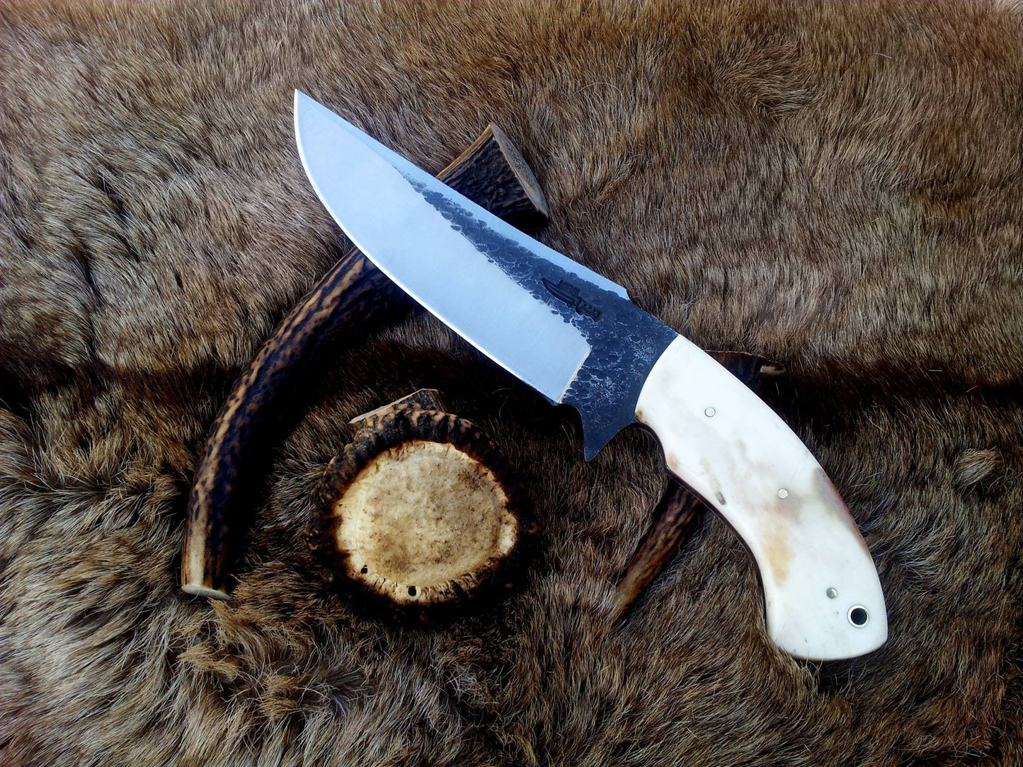 Custom Handmade 1095 Best Hunting Knife | Camel Bone Handle with Brass Lanyard Hole | 10.5 Inches | Leather Sheath | KBS Knives