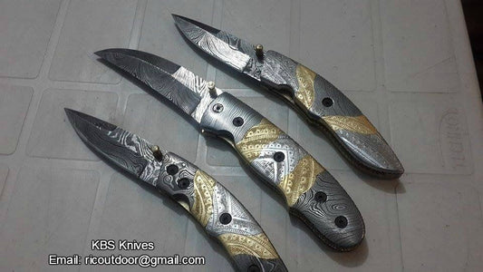 Everyday Carry Set of 3 Hand Engraved Damascus Steel Folding Pocket Knives with Steel and Brass Handles – The TriGuard Collection