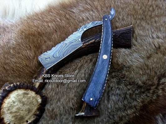 Luxury Antique Razor with Damascus Steel Blade and Exotic Pakka Wood, Brass Liner Handle - Includes Leather Case - Available Exclusively at KBS Knives Store