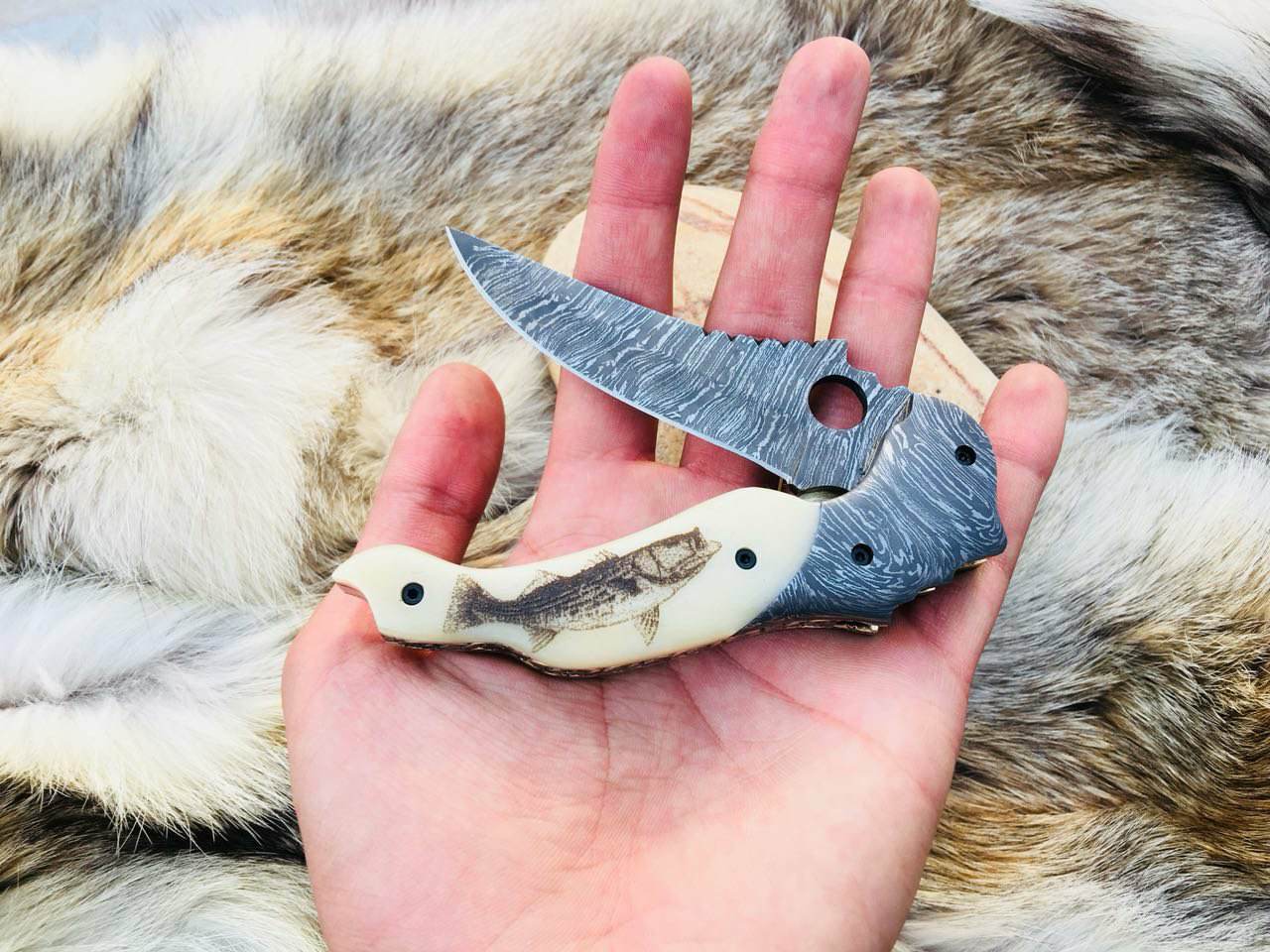 Custom Handmade Damascus Steel Unique Folding Pocket Knife with Engraved Bone Handle and Leather Case