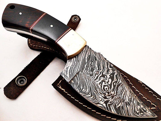 Custom Handmade Damascus Deer Skinning Knife – 8" with Buffalo Horn Handle