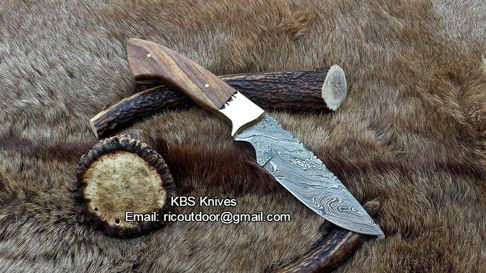 "Timber Strike" Custom Handmade Damascus Fixed-Blade Hunting Knife, 9-Inch with Rosewood Handle | KBS Knives Store