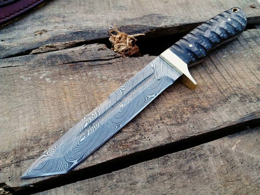 Handcrafted Tanto Hunting Knife in Damascus Steel with Blood Groove