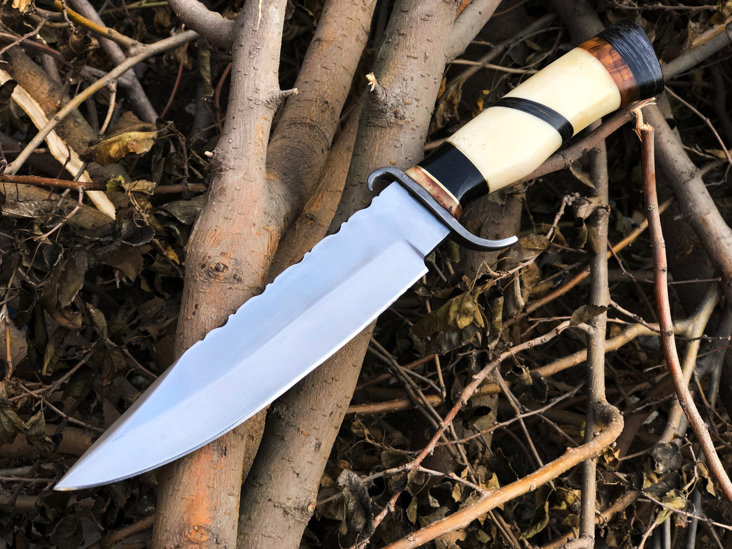 Top Quality Hunting Bowie Knife | D2 Steel Blade | Bone, Buffalo, Wood Handle with Damascus Guard | 13 Inches | Leather Sheath | KBS Knives Store