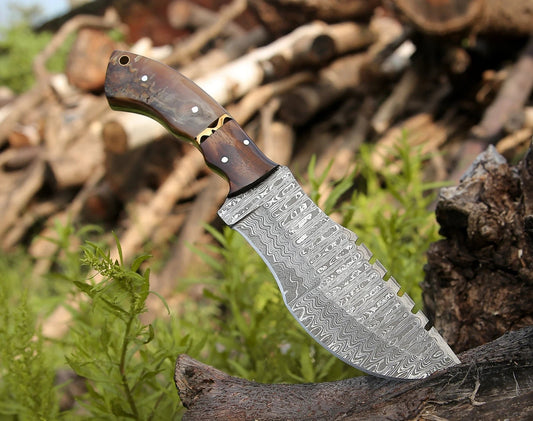 Handmade Damascus Steel Tom Brown Best Tracker Knife For sale with Sheep Horn, Rose Wood and Brass Spacer Handle and Leather Sheath