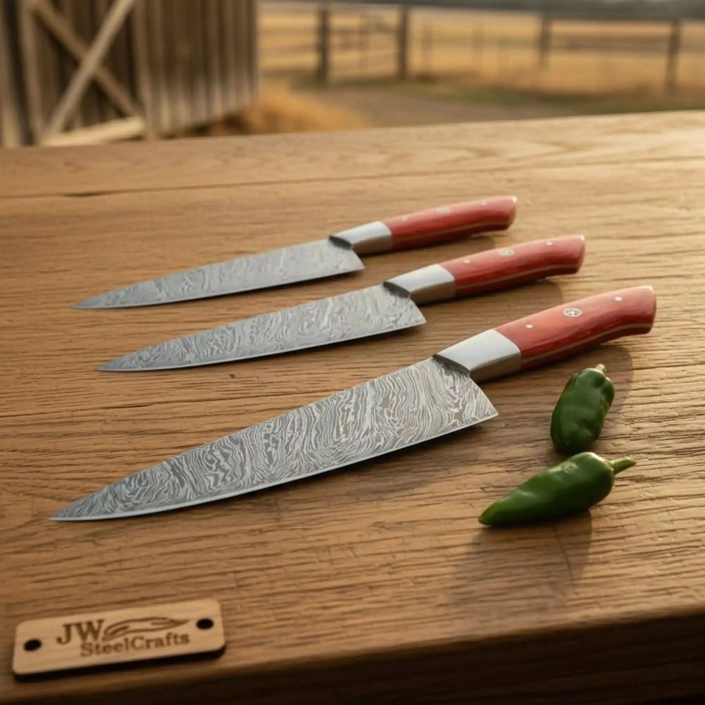 3 Piece Handmade Damascus Kitchen Knife Set, Chef Knife, Utility Knife and Paring Knife, Red Pakka Wood Handle Professional Cutlery JW SteelCrafts
