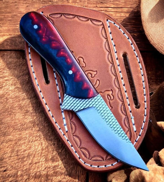 Handmade Ranch Cowboy Knife with Bloodline Resin Handle and Leather Sheath – 8" Rasp Steel Blade
