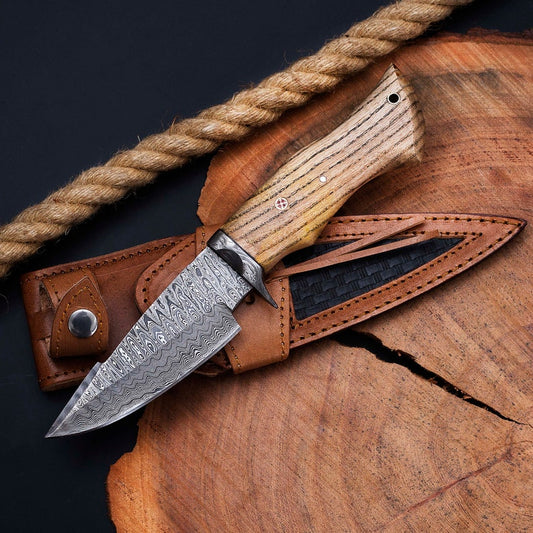The Wilderness Elegance: 10-Inch Hunting Knife with Damascus Steel Blades, Walnut Wood Handle, and Damascus Guard