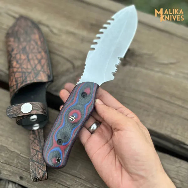 Handmade Hunter Point Blade hunting knife with Teeth blade and Custom leather sheath-0332