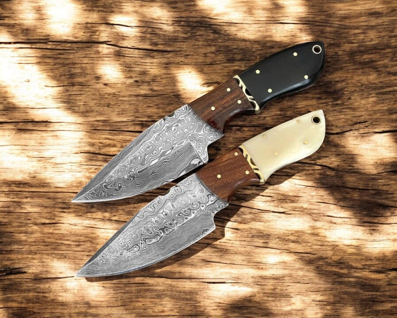 Custom Handmade Damascus Skinning Knife with Leather Sheath
