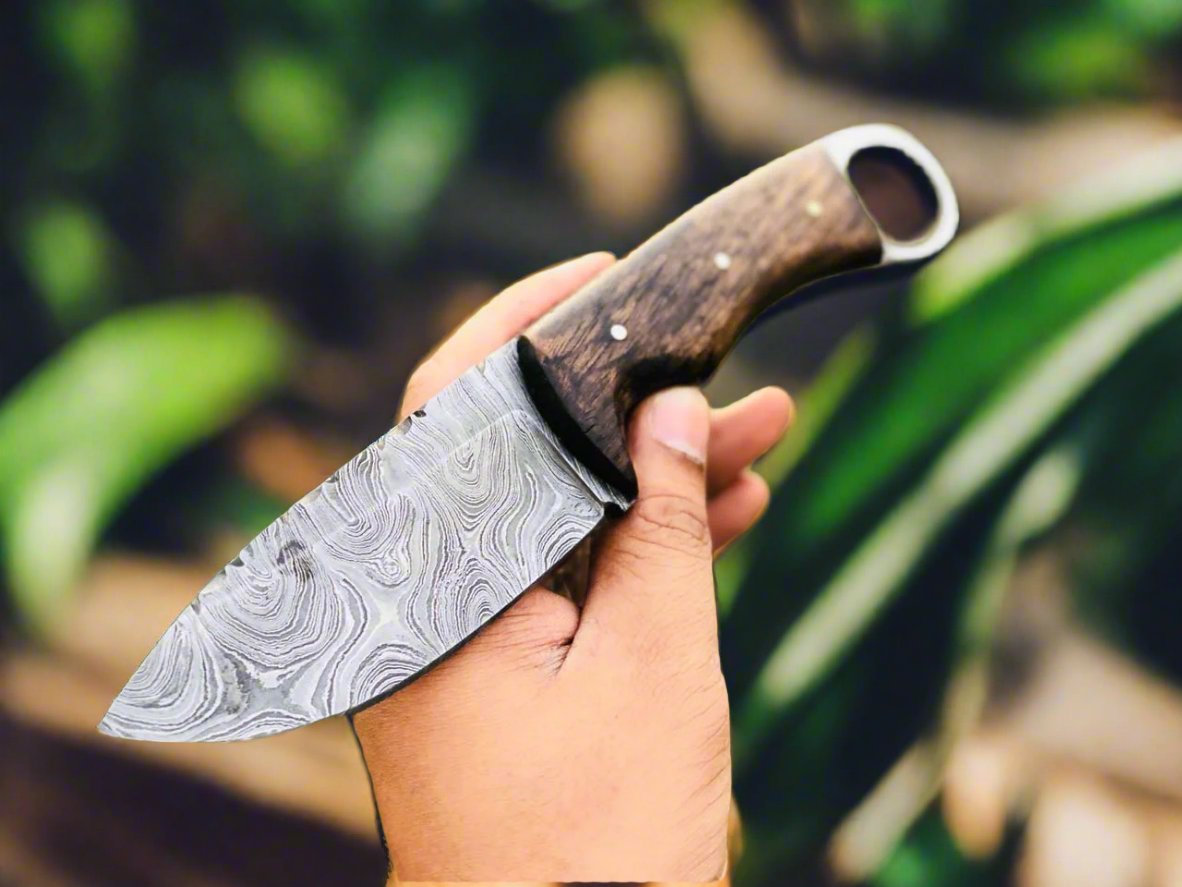 Deer Skinning Knife Custom Handmade Full Tang Damascus Steel with Walnut Wood Finger Hole Handle, 8.5-inch - The Walnutblade