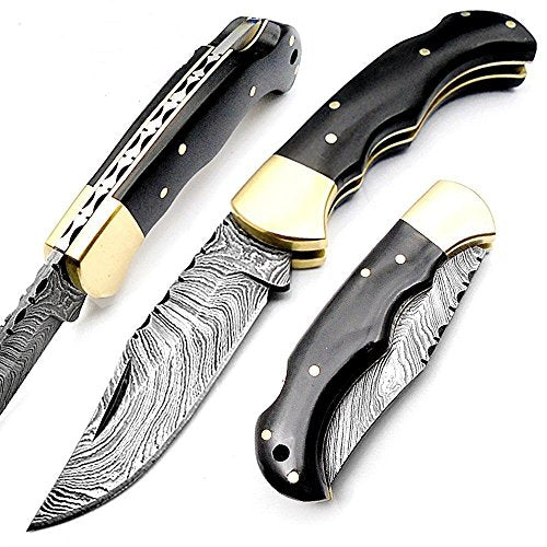 Custom Handmade Damascus Steel EDC Folding Pocket Knife with Buffalo Horn and Brass Bolster Handle, Blade Length 3 Inches