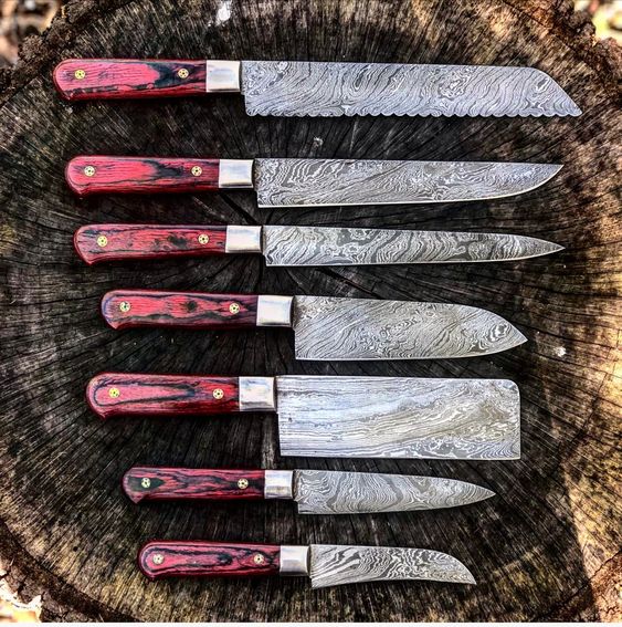 Full Tang Custom Handmade Damascus Steel Kitchen Knives Set