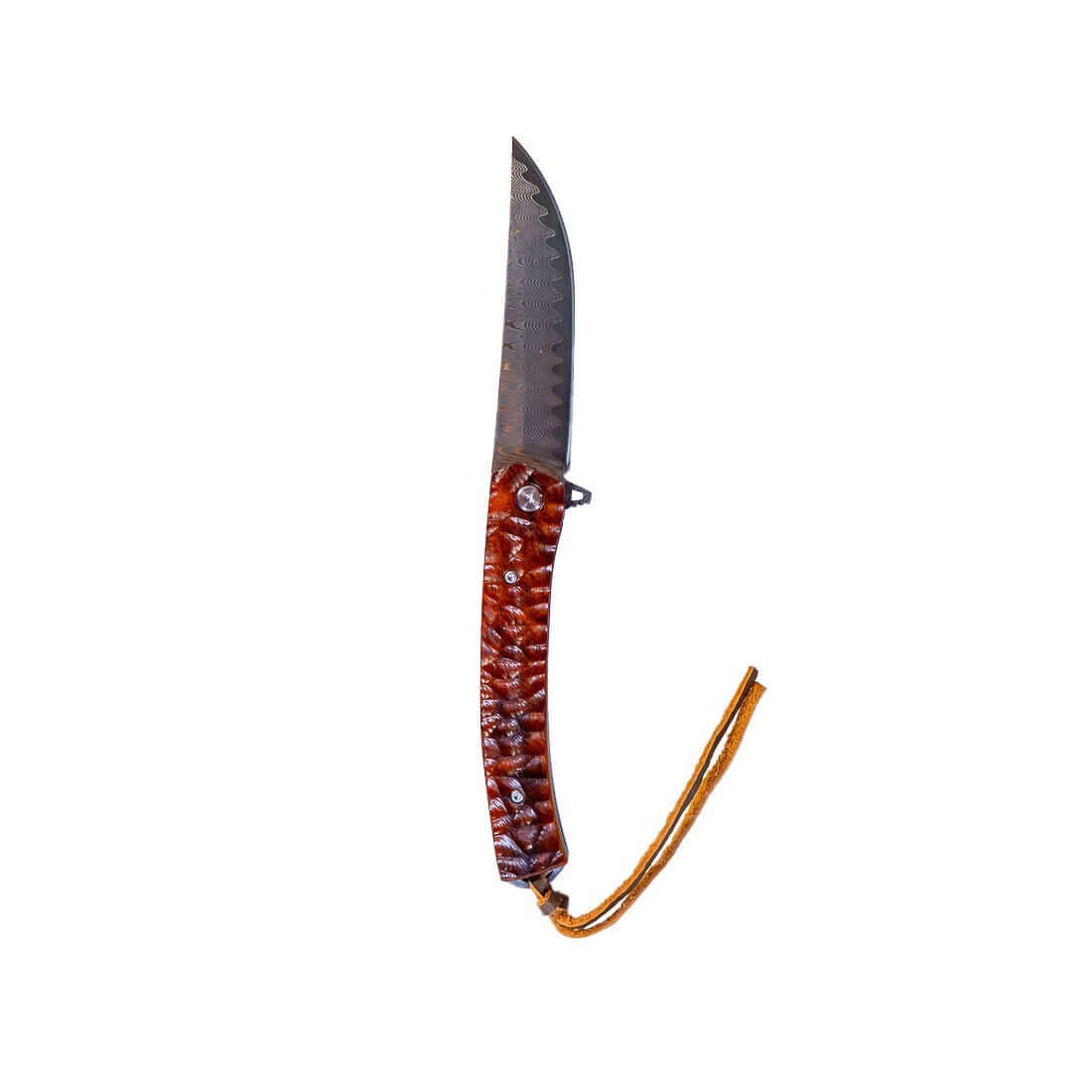 Damascus Flipper Knife Scraped Wood Handle Liner Lock 3.75" Blade 8.2" EDC