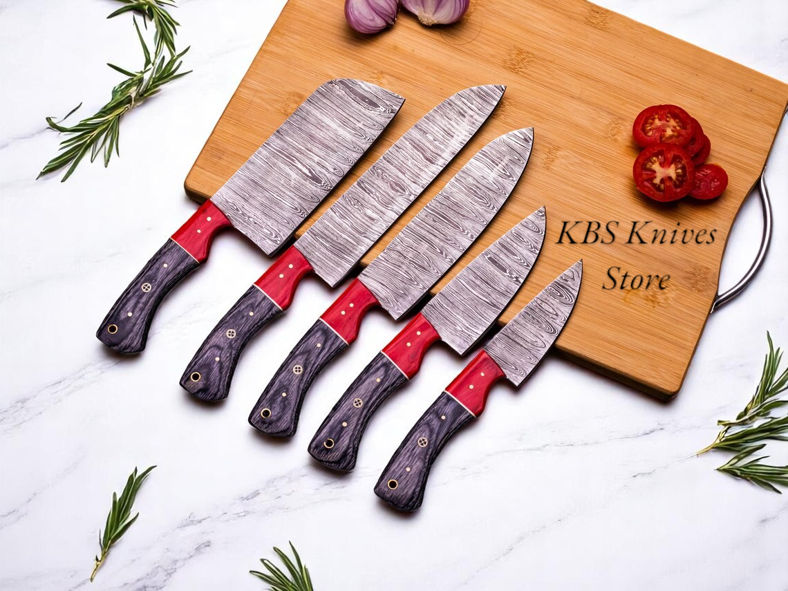5 Pcs Custom Handmade Damascus Cooking Knives Set with Exotic Pakka Wood Handles