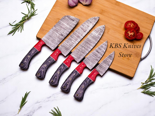 5 Pcs Custom Handmade Damascus Cooking Knives Set with Exotic Pakka Wood Handles