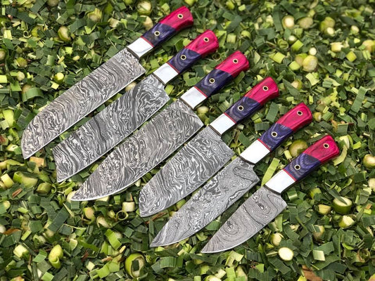 Luxury Collection: 6-Piece Kitchen Knives Set with Twist Damascus Steel Blades, Exotic Wood Handles, and Leather Roll