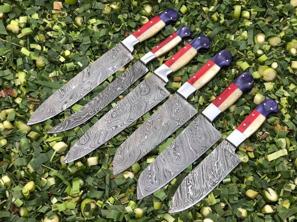 Artisan's Touch: 6-Piece Kitchen Knives Set with Twist Damascus Steel Blades, Exotic Wood and Bone Handles - Presented in a Leather Roll