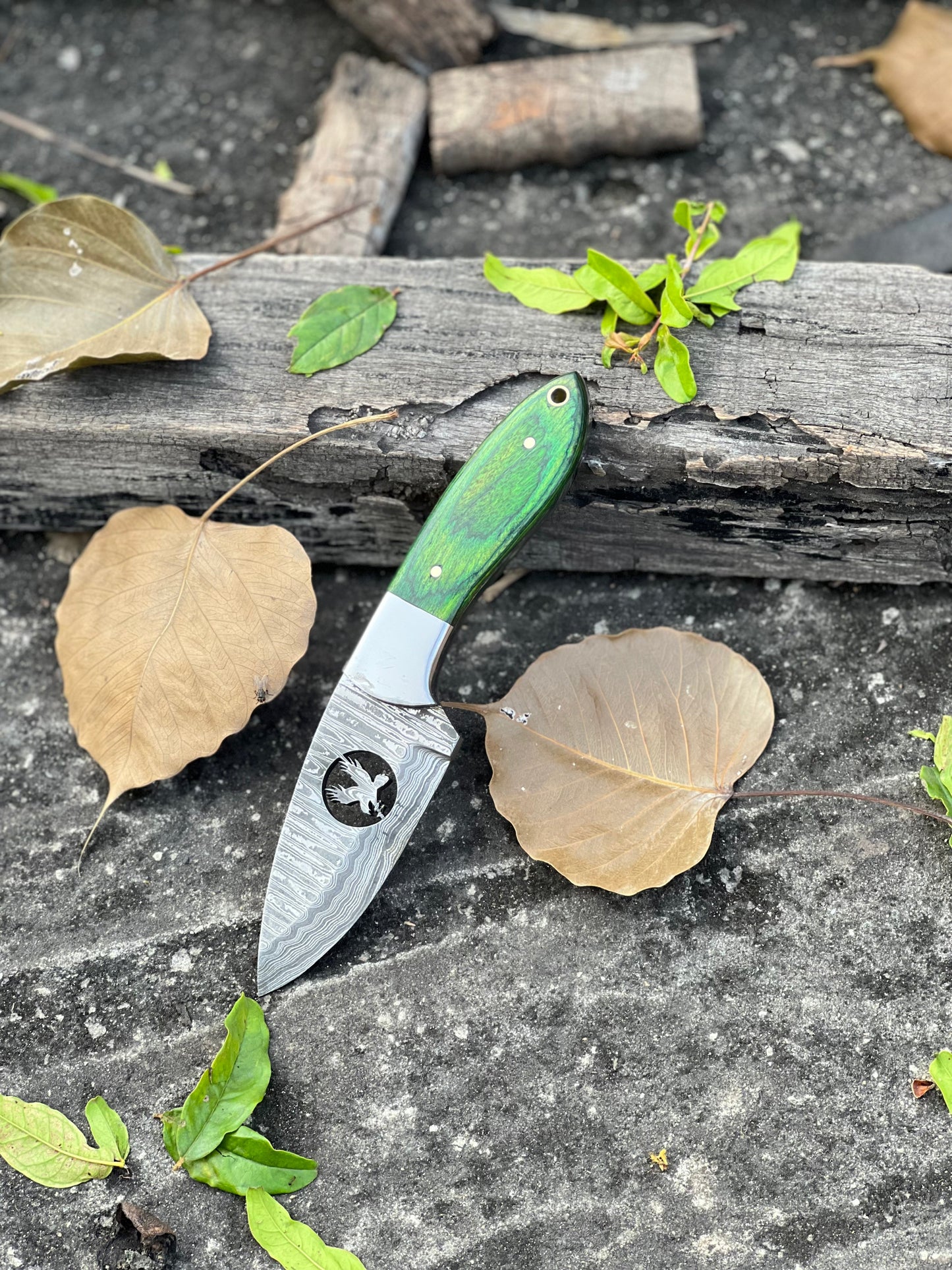 Handmade Skinner Knife – 8" Damascus Steel Blade with Pakkawood & Wire-Cut Handle + Leather Sheath