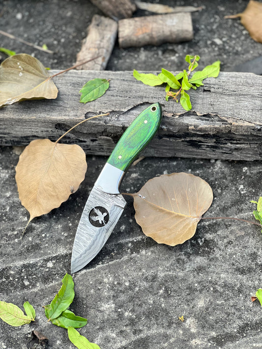 Handmade Skinner Knife – 8" Damascus Steel Blade with Pakkawood & Wire-Cut Handle + Leather Sheath