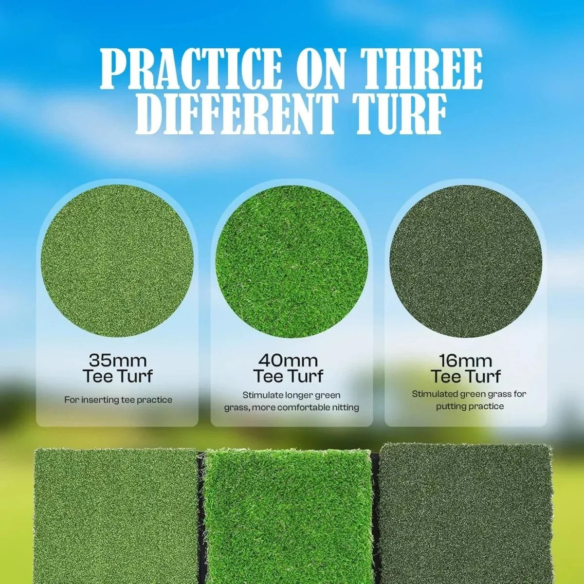 DCUTIE Premium 3-in-1 Golf Mat 24"x24" – Tri-Turf Practice Mat – Foldable Non-Slip Base
