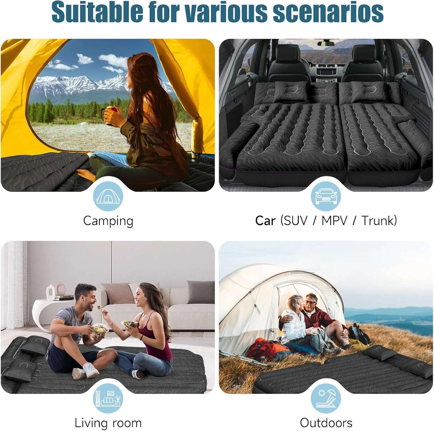 DikaSun 63in Extended SUV Mattress — Quick Inflate, Includes Pump & 2 Pillows,Black