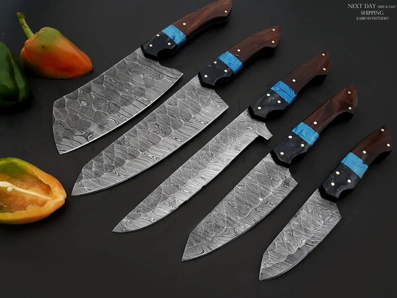 Best Chef Knives Sets – 13" Handmade Damascus Steel Kitchen Knife with Wenge Resin Handle & Leather Sheath
