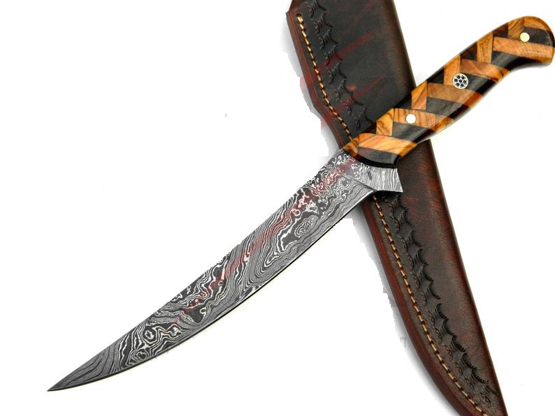 7" Filet Knife Damascus Blade Olivewood Handle