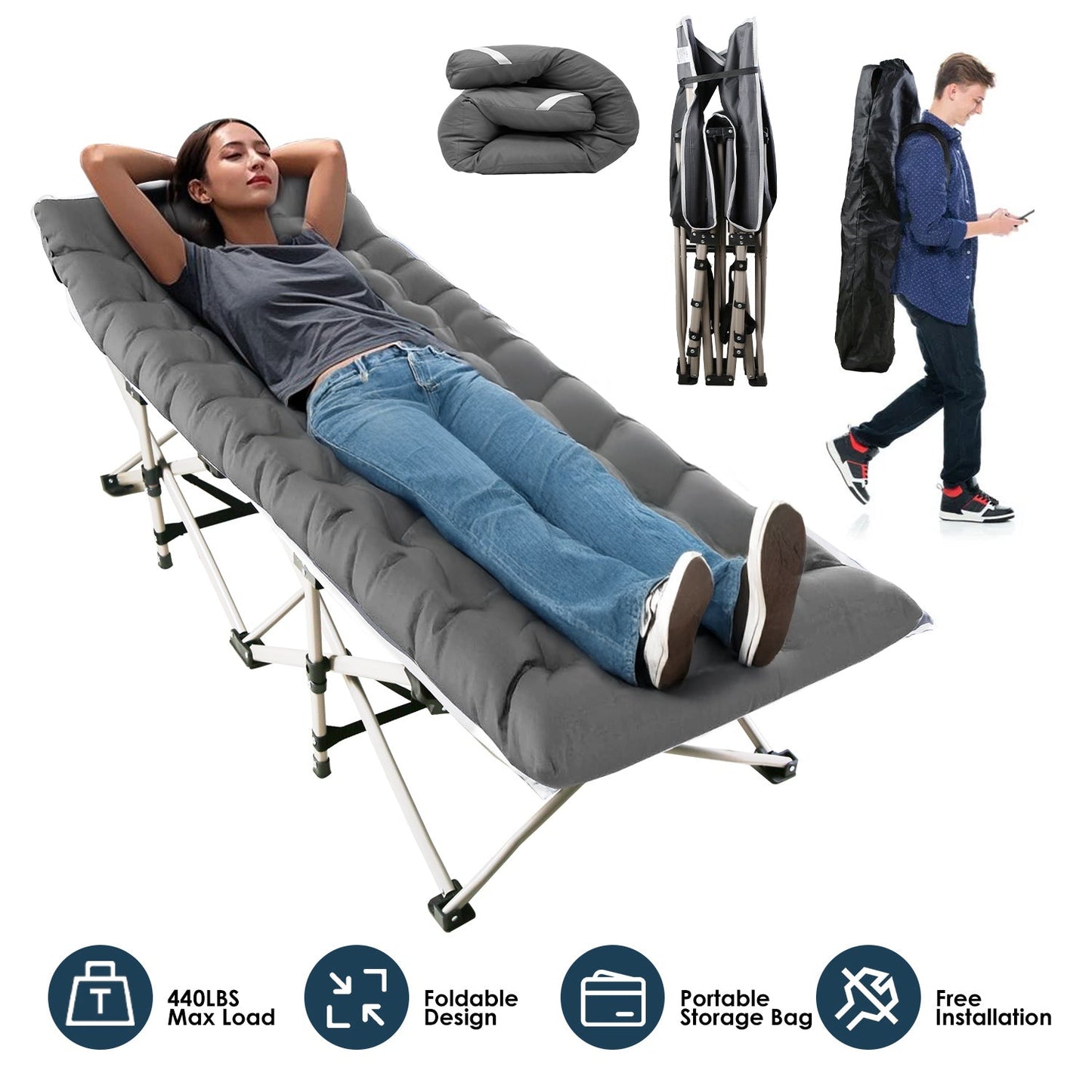 Folding Camping Cot Portable Sleeping Camping Bed Collapsible Travel Camp Cots Guest Bed Cot with 2-Sided Soft Pad 440LBS Max Load