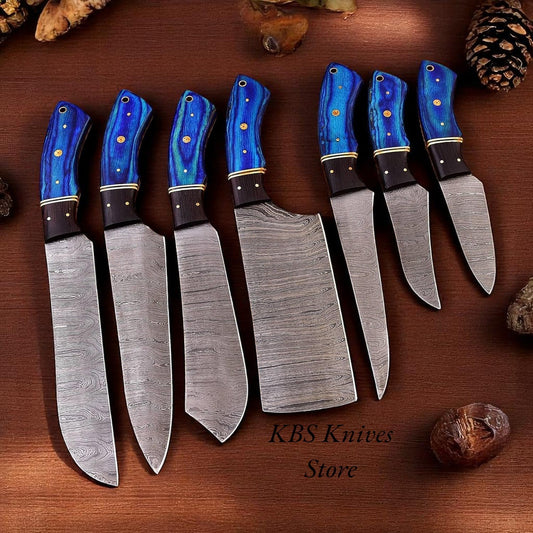7 Pcs Custom Handmade Damascus Steel Cooking Knives Set with Exotic Pakka Wood Handles