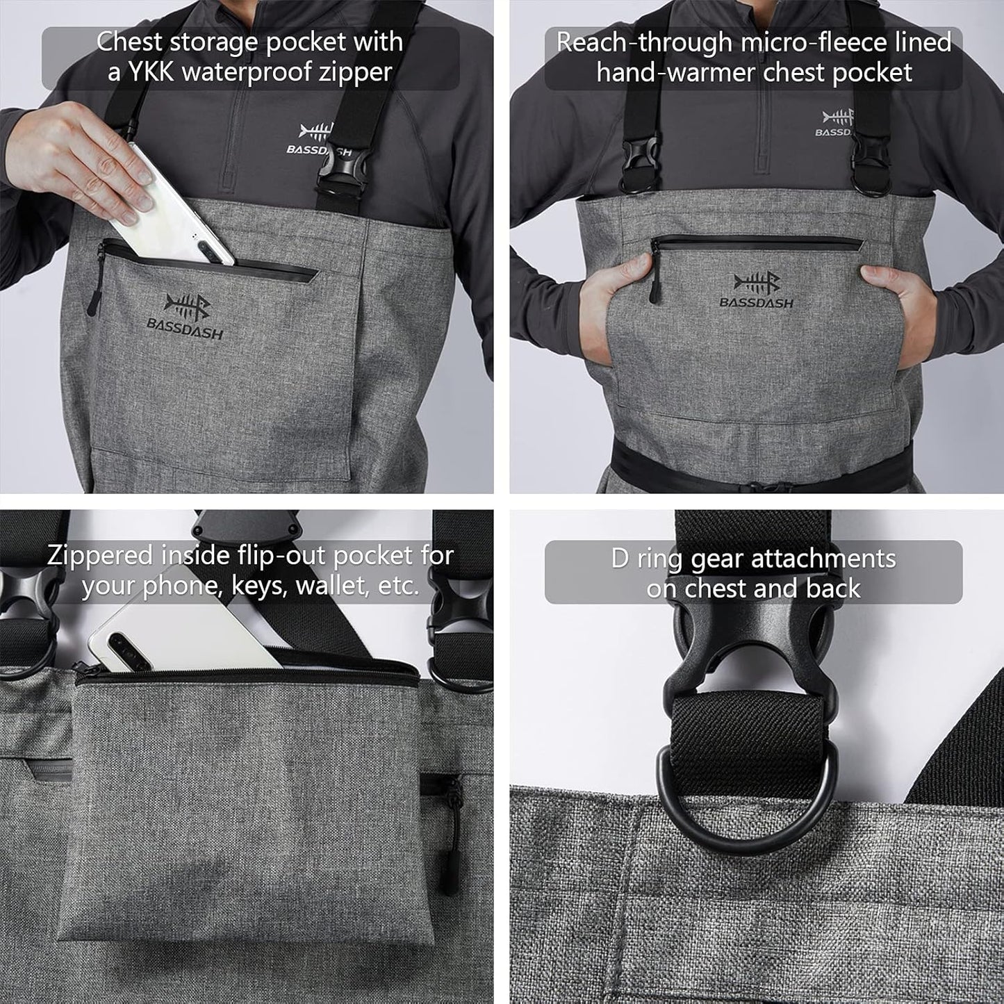 BASSDASH IMMERSE Breathable Ripstop Stocking Boot Foot Fishing Hunting Waders Lightweight Grey Camo Chest Wader for Men Women