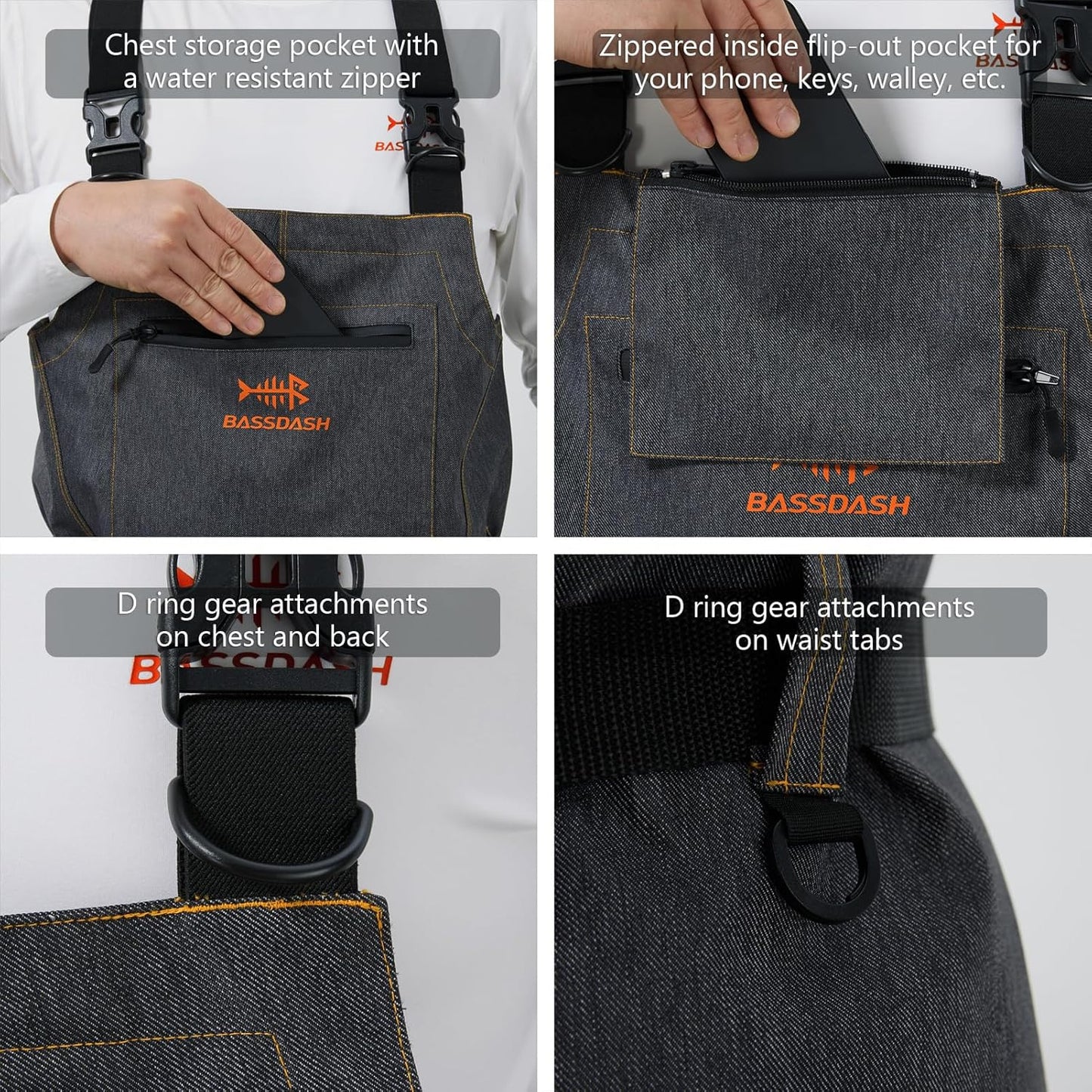 BASSDASH Men’s Denim Breathable Chest Waders Waterproof Durable Lightweight Stocking Foot for Fishing Hunting ATV Riding