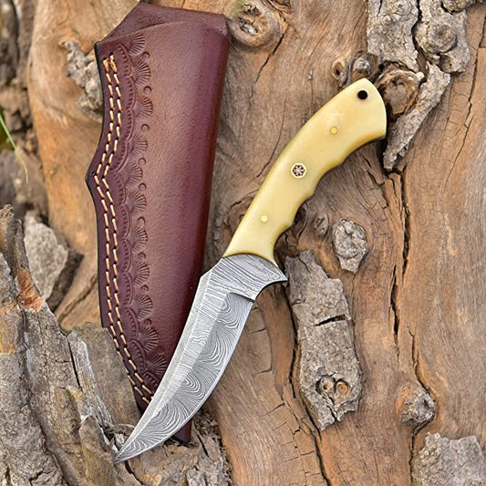 Good Skinning Knife Custom Handmade Full Tang Damascus Steel with Bone Handle, 8-inch - The Bonecrest