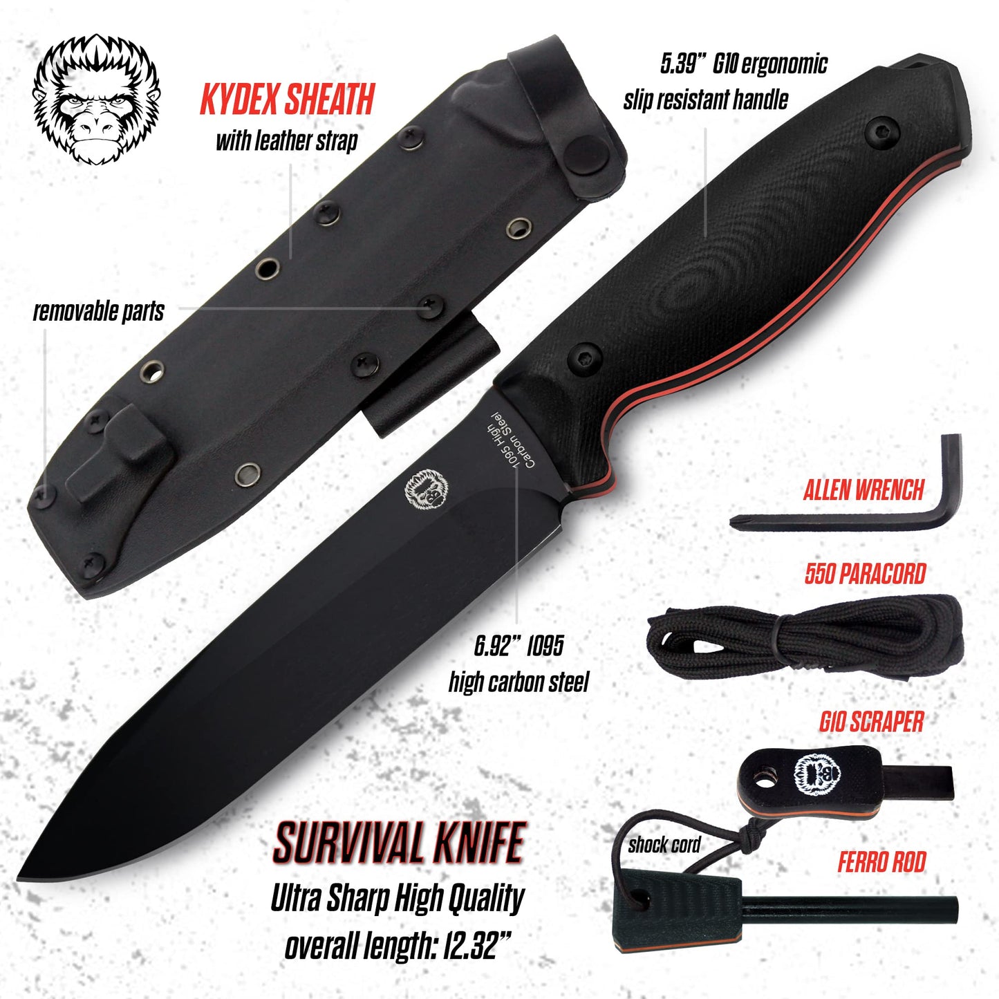 "The Fireline" Bushcraft Survival Knife with 1095 High Carbon Blade Giftset (Black and Orange)