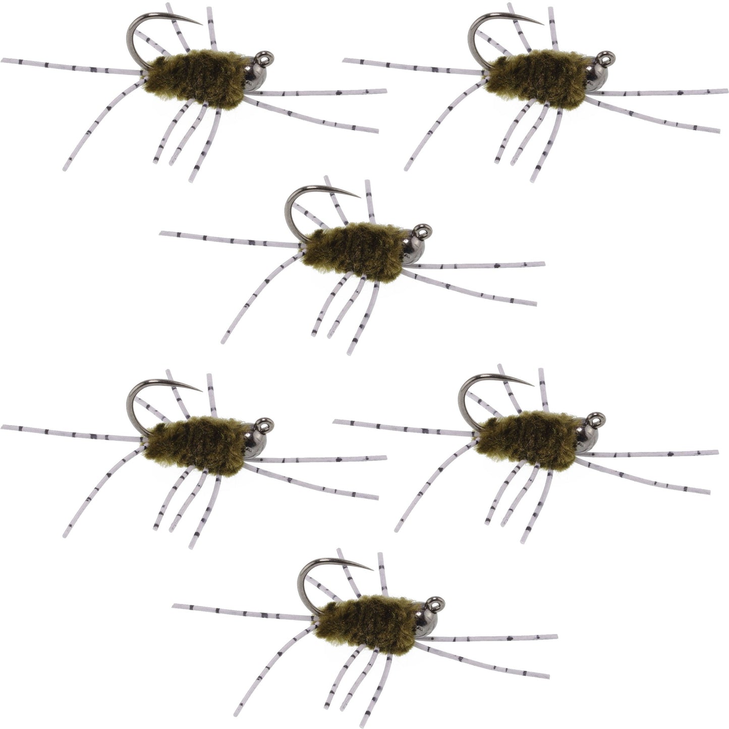 Barbless Pat's Barred Rubber Legs Tungsten Bead Jigged Dark Olive Euro Nymph  - Set of 6 Flies Hook Size 6