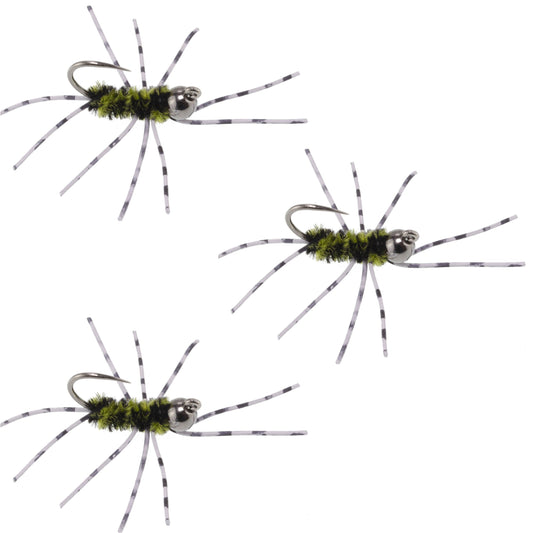 3 Pack Barbless Pat's Barred Rubber Legs Tungsten Bead Jigged Black/Olive Euro Nymph  - Hook Size 6