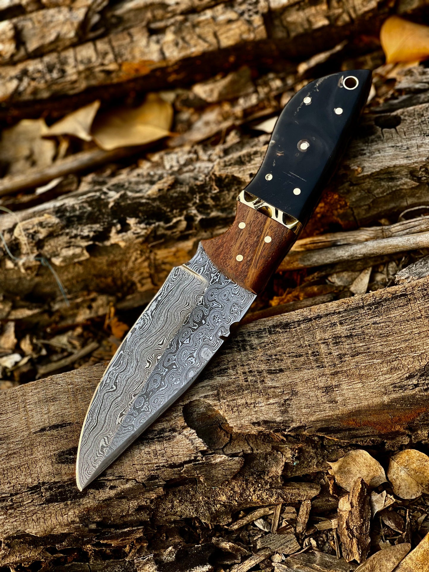 Handmade 8" Damascus Skinning Knife with Buffalo Horn & Rosewood Handle – Leather Sheath