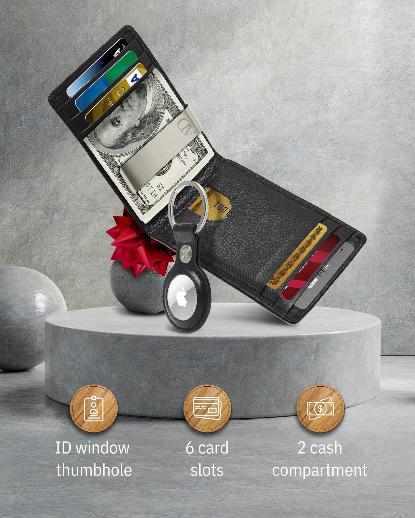 Genuine Leather Money Clip Wallet and Airtag Keychain Gift Set