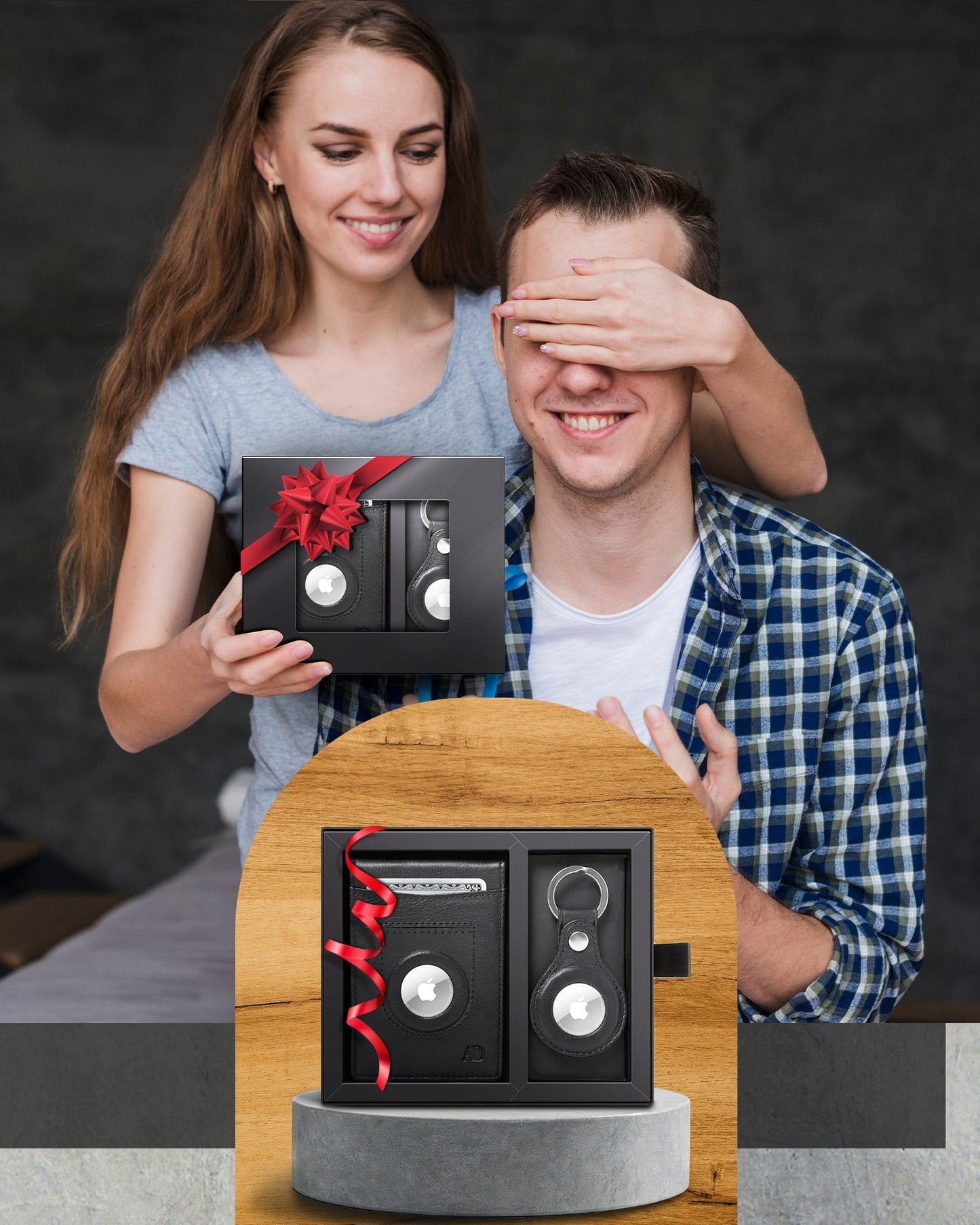 Genuine Leather Money Clip Wallet and Airtag Keychain Gift Set